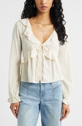 BP. Ruffle Tie Neck Button-Up Shirt in Ivory Dove at Nordstrom Rack, Size X-Small