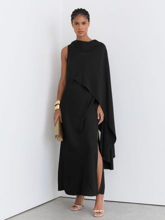 Reiss Black Asymmetric Cape-detail Maxi Dress, 10