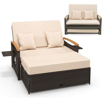 Costway Costway Sofa Exterior De Rat&aacute;n Con Reposapi&eacute;s De Almacenamiento, 2 Plazas Tumbona Acolchado, Cama Respaldo Ajustable De 4 Niveles, Bandejas Laterales 