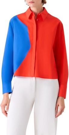 Akris High Plains Colorblock Crop Cotton Poplin Button-Up Shirt in Vermillion-Lapis Blue at Nordstrom, Size 10