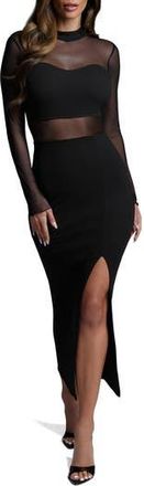 Bebe Powermesh Long Sleeve Midi Dress in Black at Nordstrom Rack, Size X-Large