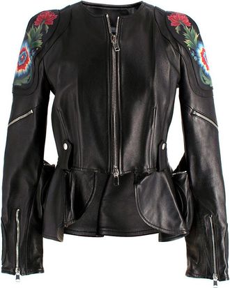 Alexander McQueen Black Floral Painted Peplum Leather Jacket Size S
