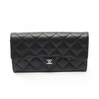Chanel Black Grained Calfskin Long Wallet (Bi-Fold) (Pre-Owned)