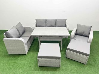 Fimous Patio PE Wicker 8 Seater Outdoor Rattan Furniture Sofa Sets w/ Rectangular Dining Table Reclining Chair Loveseat Sofa 3 Seater Sofa 2 Big
