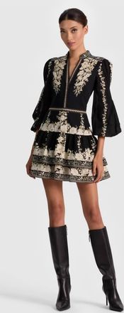 Alice & Olivia Valencia Deep V Long Sleeve Mini Dress In Free Falling