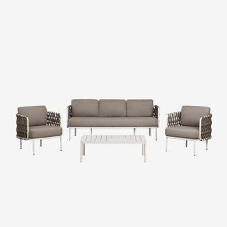 Sklum Conjunto De Jard&iacute;n Con Sof&aacute; De 3 Plazas, 2 Sillones En Cuerda Trenzada Tevary Y Mesa De Centro En Aluminio Boleni Sklum