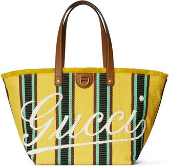 Gucci Tassen, Dames, Geel, ONE Size, Katoen, Geborduurde Middelgrote Canvas Tote