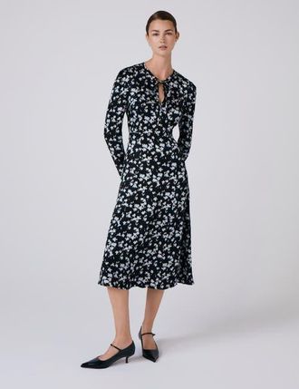 Ghost London Ana Floral Satin Midi Dress in Black Floral at Nordstrom, Size 14