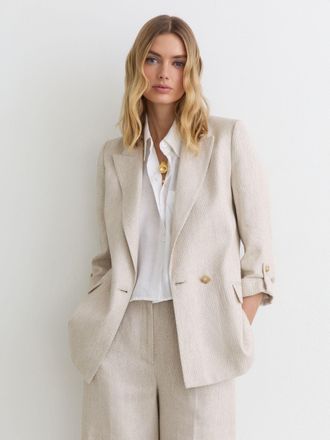 Reiss Neutral Linen-blend Textured Double-breasted Blazer, 14