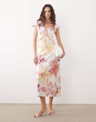 New Look Vestito midi in raso color crema con stampa a fiori e maniche con volant-Bianco