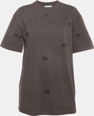 Ganni Ganni Grey Logo Rhinestone Embellished Cotton Jersey T-Shirt