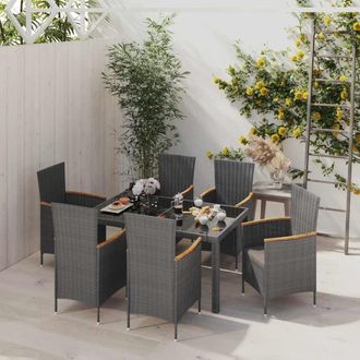 vidaXL Set De Comedor Jard&iacute;n 7 Pzas Cojines Rat&aacute;n Sint&eacute;tico Negro Gris Vidaxl