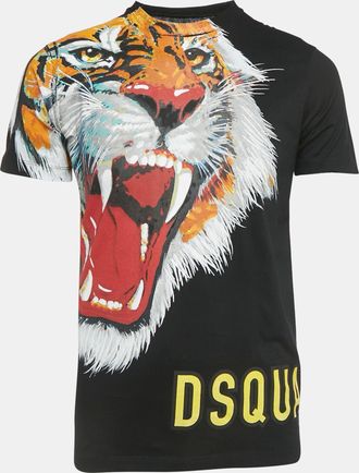 Dsquared2 Black Tiger Print Cotton Knit Crew Neck T-Shirt