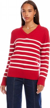 Karen Kane Stripe V-Neck Sweater In Red With Off White