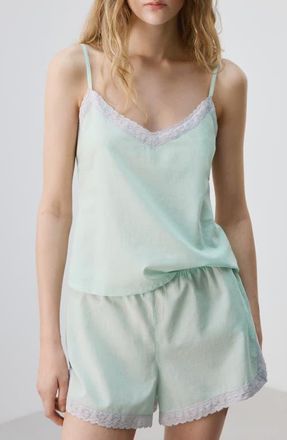 Mango Cotton Lace Trim Pajama Cami in Blue at Nordstrom, Size Medium