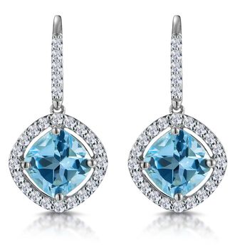 The Diamond Store 2.5ct Blue Topaz and Diamond Halo Asteria Earrings 18K White Gold