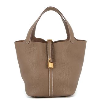 Herm&egrave;s Etoupe Gray Taurillon Clemence Leather Handbag Tote Bag (Pre-Owned)