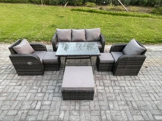 Fimous 8 Seater Rattan Wicker Garden Furniture Patio Conservatory Sofa Set with Rectangular Dining Table Reclining Chair in Dark Grey