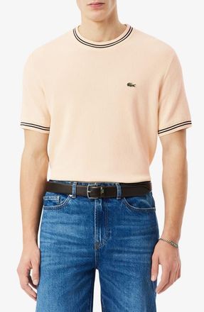 Lacoste Tipped Crewneck Cotton Sweater in Naturel Clair/Blackbird at Nordstrom, Size 3