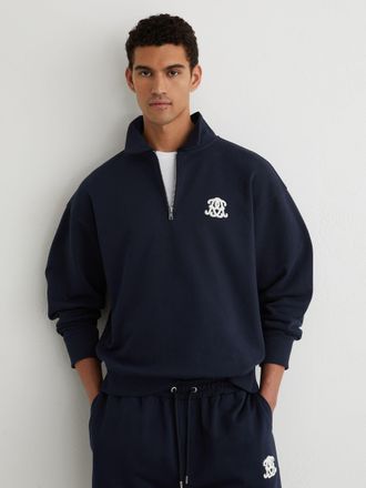 Reiss Navy Monogram Relaxed Half-zip Sweatshirt, Xxl