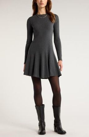 Treasure & Bond Long Sleeve Fit & Flare Minidress in Grey Dark Charcoal Heather at Nordstrom Rack, Size Xx-Large