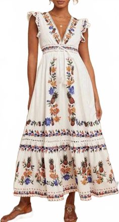 Anna Kaci Boho Embroidered Tiered Midi Dress In White