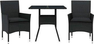 vidaXL Set Comedor Jard&iacute;n 3 Pzas Cojines Rat&aacute;n Sint&eacute;tico Vidrio Negro Vidaxl