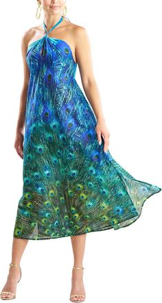 Natori Peacock Cotton Voile Beaded Maxi Dress