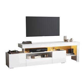STILVORA Mueble Tv Con 3 Puertas Abatibles, Estantes Abiertos Y Led, Frente Brillante, Para Sal&oacute;n, 192&times;37&times;53 Cm, Blanco