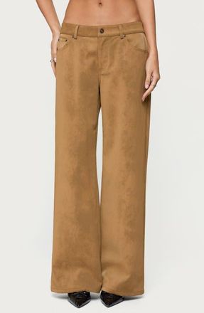 Edikted Stacey Low Rise Wide Leg Faux Suede Pants in Brown at Nordstrom, Size X-Small