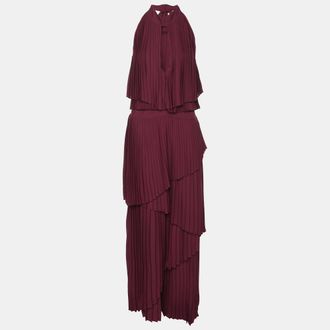 Elie Saab Burgundy Polyester Halterneck Pleated Long Dress