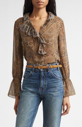 Nili Lotan Cecily Paisley Ruffle Trim Button-Up Silk Top in Khaki Paisley at Nordstrom, Size X-Small