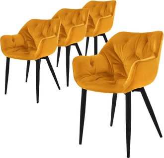 ML Design Ml-design - Set 4x Sillas De Comedor Con Respaldo Y Reposabrazos Asiento Amarillo Mostaza Tapizado Con Funda De Terciopelo Patas De Metal Sill&oacute;n Dise&ntilde;