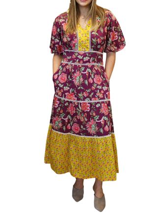 THML Clothing Puff Sleeve Floral Tiered Dress In Plum Multi