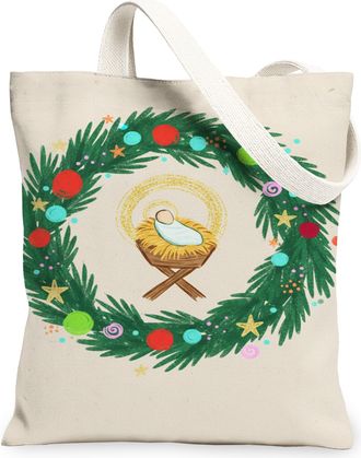 Generic Christmas Wreath Canvas Tote Bags, Holiday Design Reusable Grocery Bags, Lightweight Washable Shoulder Strap Canvas for Tra, Beige, 13x15 Inch