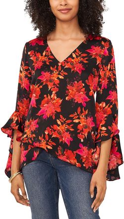 Vince Camuto Printed V Neck Layered Hem Top Black