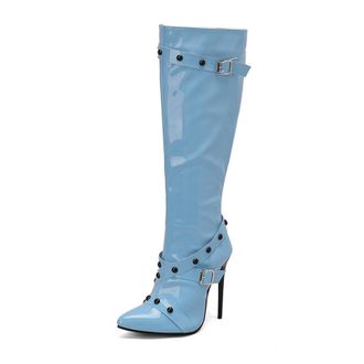 Generic Womens Patent Leather Knee High Boots with Rivet Pointed Toe Long Boots with Side Zipper Stiletto High Heel Party Prom Shoes,Blue,3.5 UK