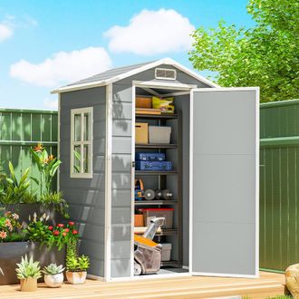 OUTSUNNY 4 x 3 ft Plastic Garden Shed, Storage Shed with Window Vent in Light Grey