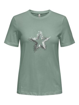 Only T-Shirt ONLY ONLMARCY S/S BOX TOP CC JRS, Damen, Gr. XS, lillypad detail:with sequins star, Jersey, Obermaterial: 100% Baumwolle, bedruckt, regular fi