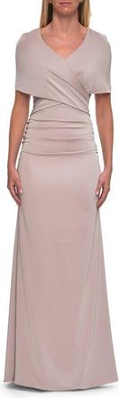 La Femme Jersey Gown with Draped Bodice and Short Sleeves in Champagne at Nordstrom, Size 12