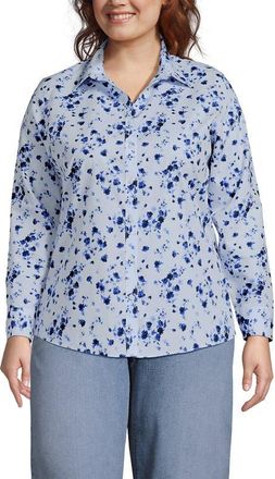 Lands End No Iron Supima Cotton Long Sleeve Shirt in Serene Blue Poetic Floral at Nordstrom, Size 16W