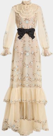 Valentino Garavani Ruffle Embroidered Bib Long-Sleeve Bow Gown
