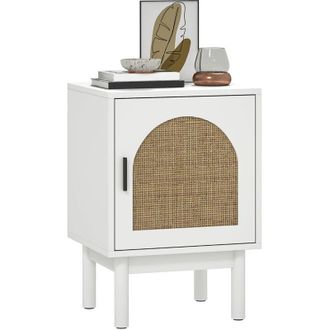 HOMCOM Homcom - Mesita De Noche Mesilla De Noche Con Puerta De Rat&aacute;n Estante Ajustable Y Patas De Madera Estilo Bohemio 40x35x58 Cm Blanco