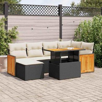 vidaXL Set Sof&aacute;s Jard&iacute;n Y Cojines 7 Pzas Rat&aacute;n Sint&eacute;tico Acacia Negro Vidaxl