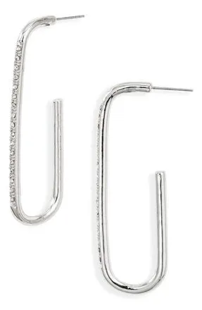Open Edit Pav&eacute; Elongated Hoop Earrings in Clear- Silver at Nordstrom Rack