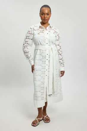 Karen Millen Womens Plus Size Cutwork Cotton Collared Woven Shirt Dress - White - Size 22 UK
