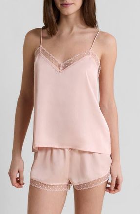 Etam Plume Lace Trim Satin Camisole in Powder Pink at Nordstrom, Size X-Small