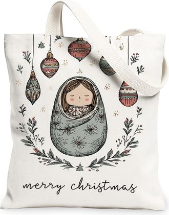 Generic Christmas Floral Canvas Tote Bags, Festive Ornament Design Reusable Grocery Bags, Vintage Bohemian Lightweight Washable Sho, White, 13x15 Inch