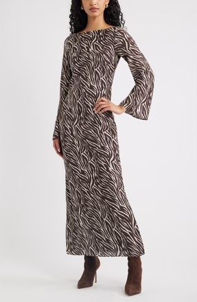 Open Edit Print Long Sleeve Drape Back Dress in Brown Animal Stripes at Nordstrom, Size Xx-Small