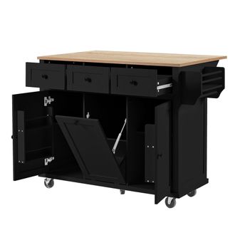 STILVORA Carro De Cocina Con Cajones, Encimera Abatible, Compartimento Para Cubo Y Toallero Para Cocina, En Mdf, Negro Y Natural, 112 X 46,2-76,2 X 92,7 Cm